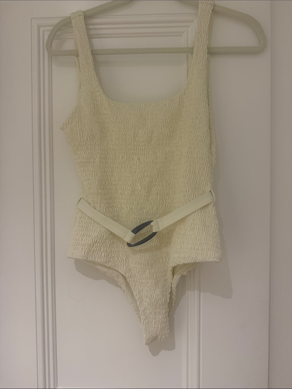 Cream Smocked Kids One-Piece Bodysuit with Belt
